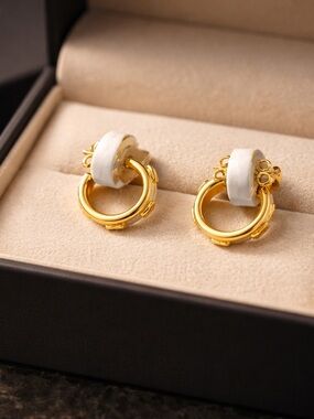Coach Gold and White Loop Drop Earrings - Women Jewelry